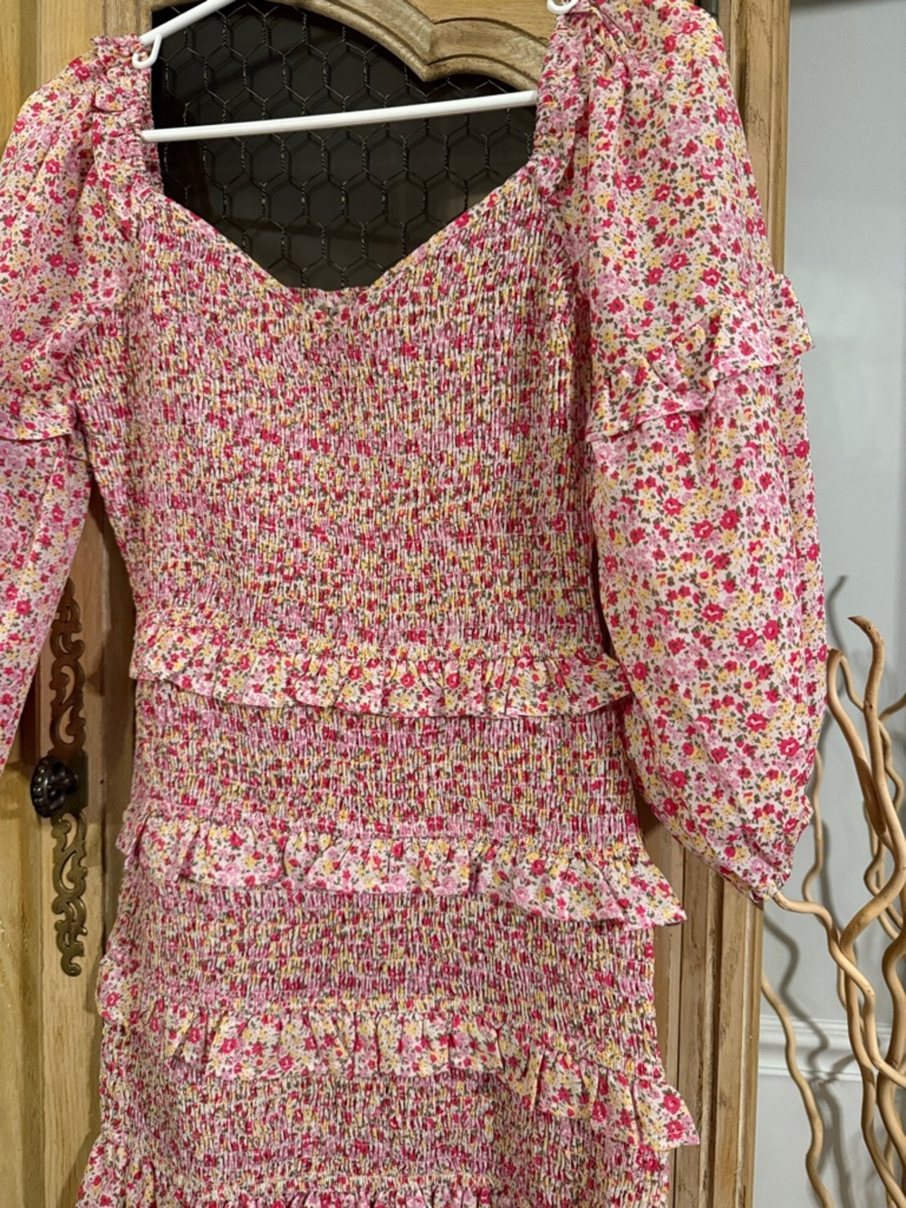 Storia Floral Pink Smocked Ruffle Midi Dress - Picture 2 of 4
